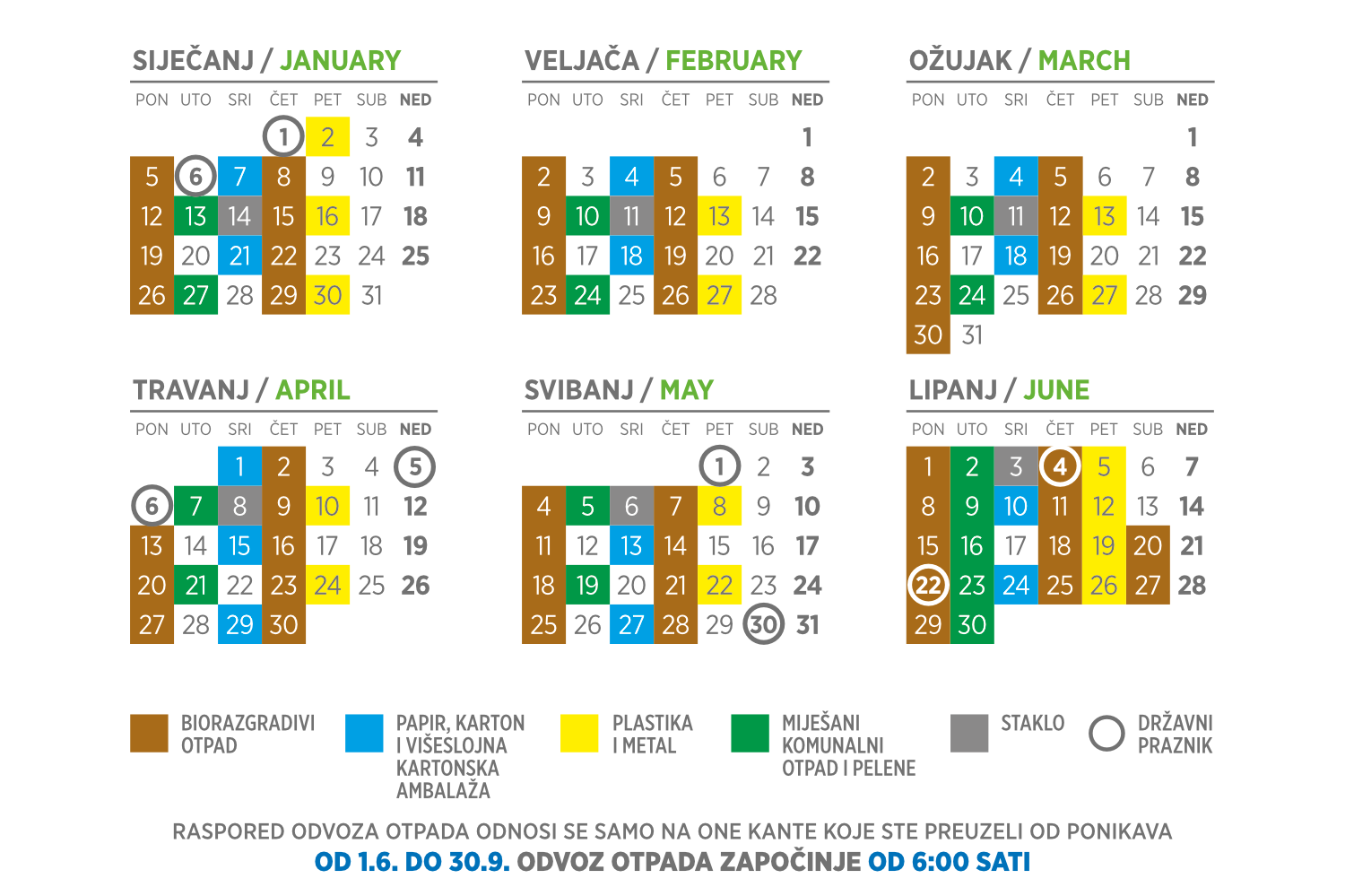 Kalendar odvoza otpada 2026. (1.-6. m,jesec)