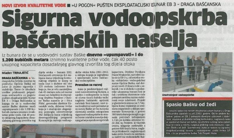 Sigurna vodoopskrba bašćanskih naselja, Novi list 10.5.2013.
