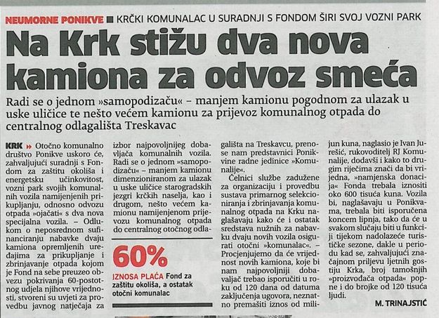 Na Krk stižu dva nova kamiona za odvoz smeća, Novi list 12.2.2013.